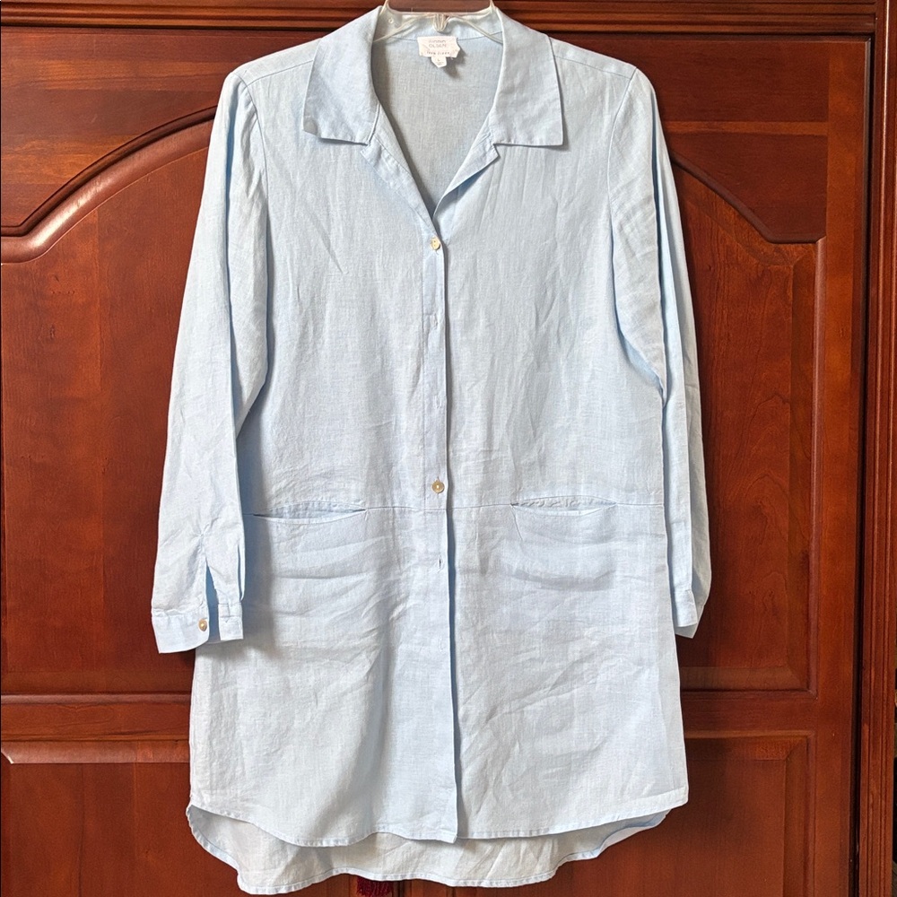Sigrid Olsen Light Blue Long Sleeve Dress 100% Linen